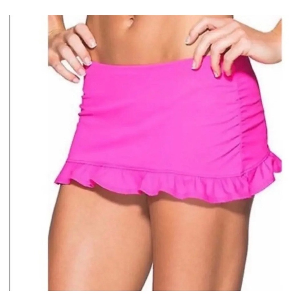 Athleta Neon Magenta Pink Ruffle Swim Skirt Built-in Brief Style Shirred Size L
